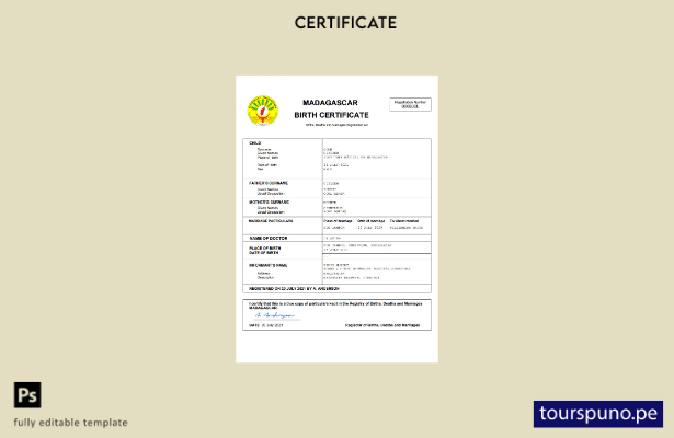 listo para imprimir Certificado de nacimiento del registro civil de Madagascar P
